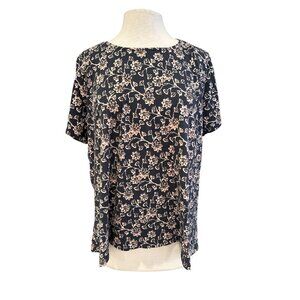 Pure Jill Black & Pink Floral Print Scoop Neck Elliptical Tee 100% Pima Cotton X